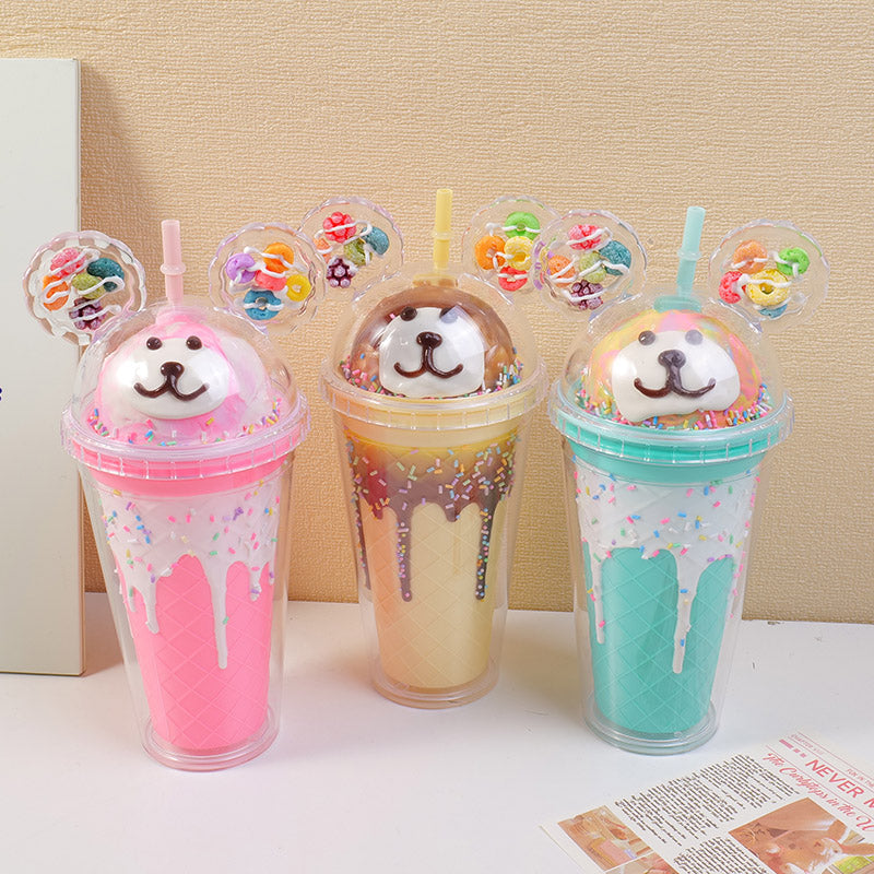 Color bear plastic straw cup-450ML