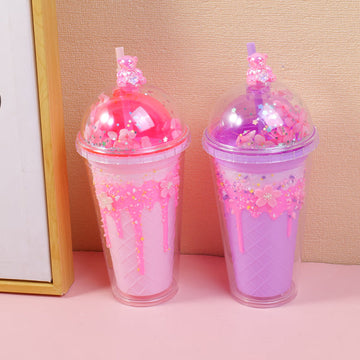 Sakura diamond bear plastic straw cup-450ml