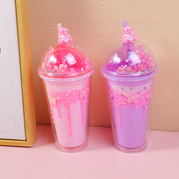 Sakura diamond bear plastic straw cup-450ml
