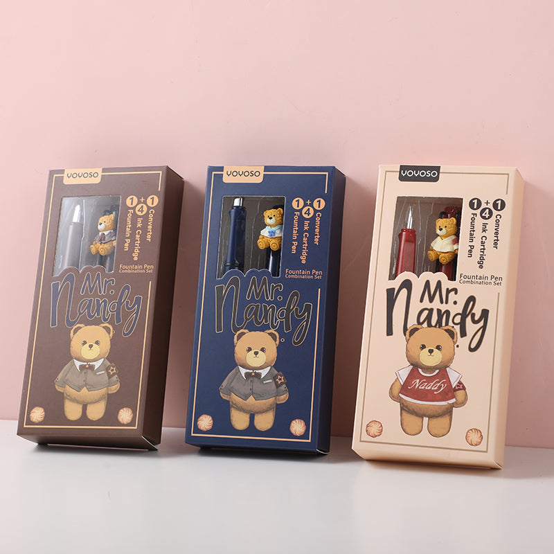 Nandy bear fountain pen set with 4 ink sac-blue refill